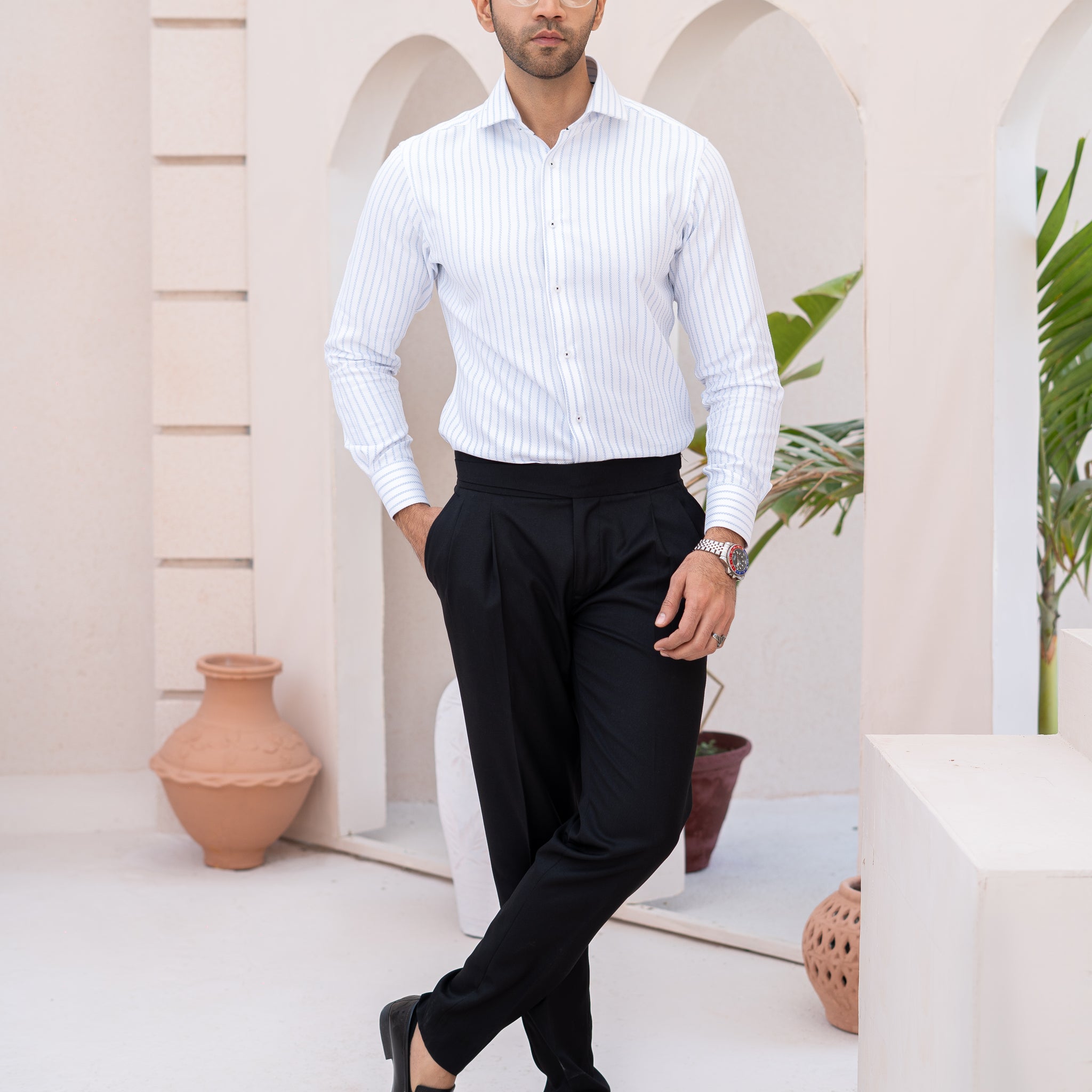 White Cotton Shirt with Blue Herringbone
