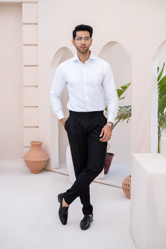 White Cotton Shirt with Blue Herringbone