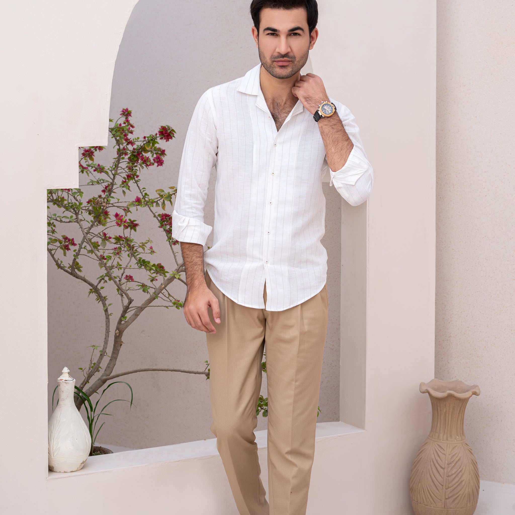 White Linen Shirt with Fawn Woven Stripes & Cuban Collar