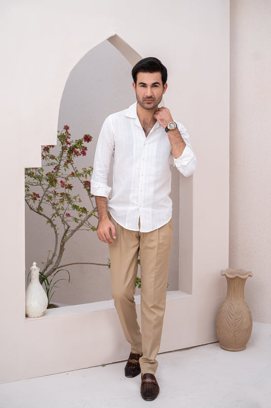 White Linen Shirt with Fawn Woven Stripes & Cuban Collar