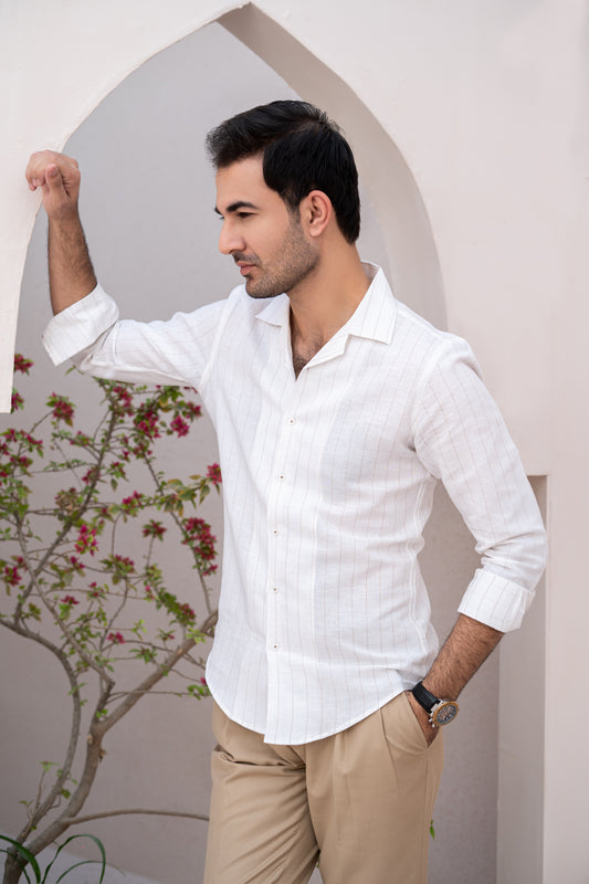 White Linen Shirt with Fawn Woven Stripes & Cuban Collar