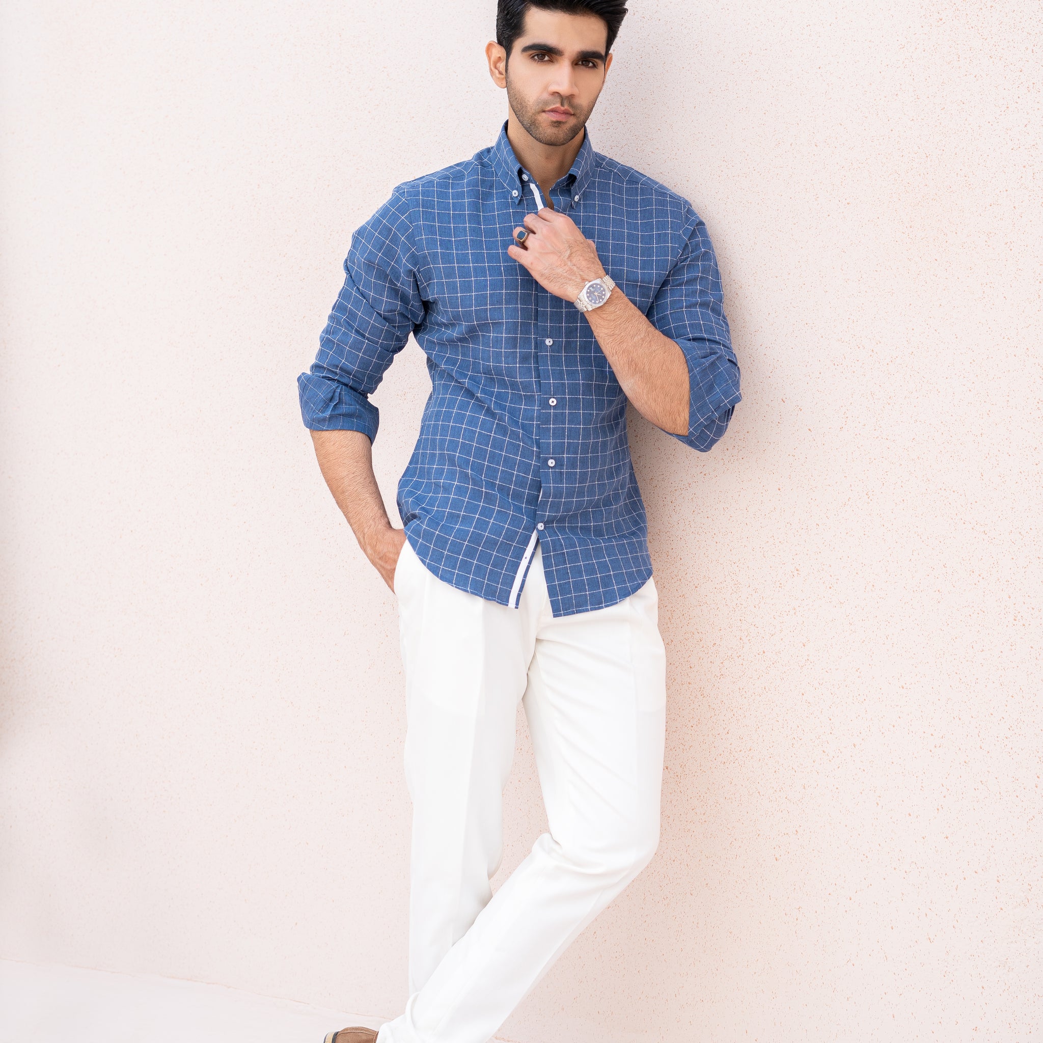 Navy Blue Linen Shirt with White Check Pattern & Button-Down Collar