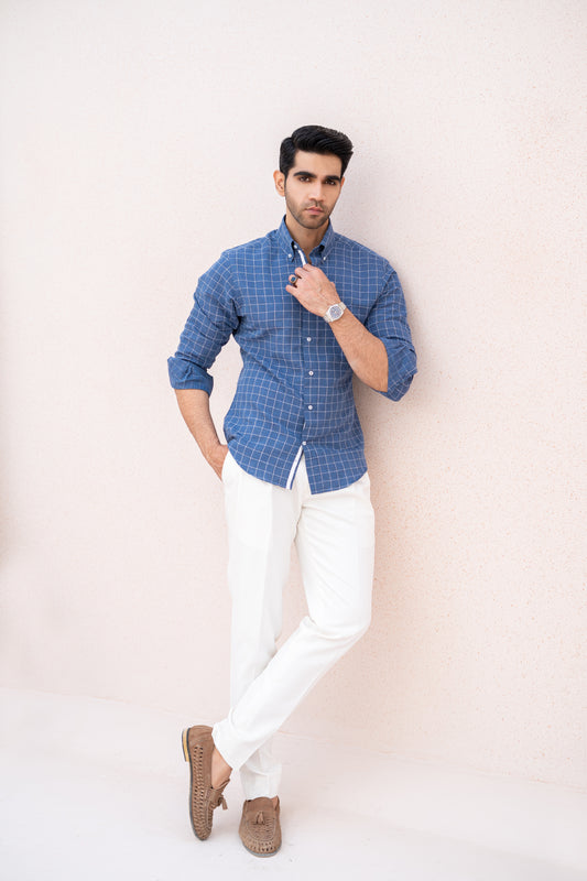 Navy Blue Linen Shirt with White Check Pattern & Button-Down Collar