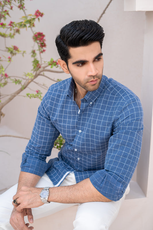 Navy Blue Linen Shirt with White Check Pattern & Button-Down Collar