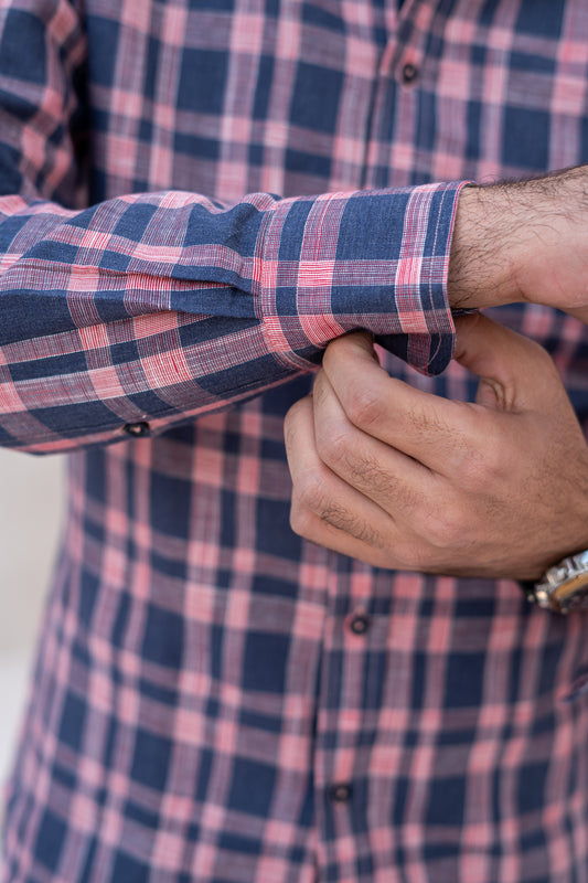Pink & Navy Check Linen Shirt with Button-Down Collar