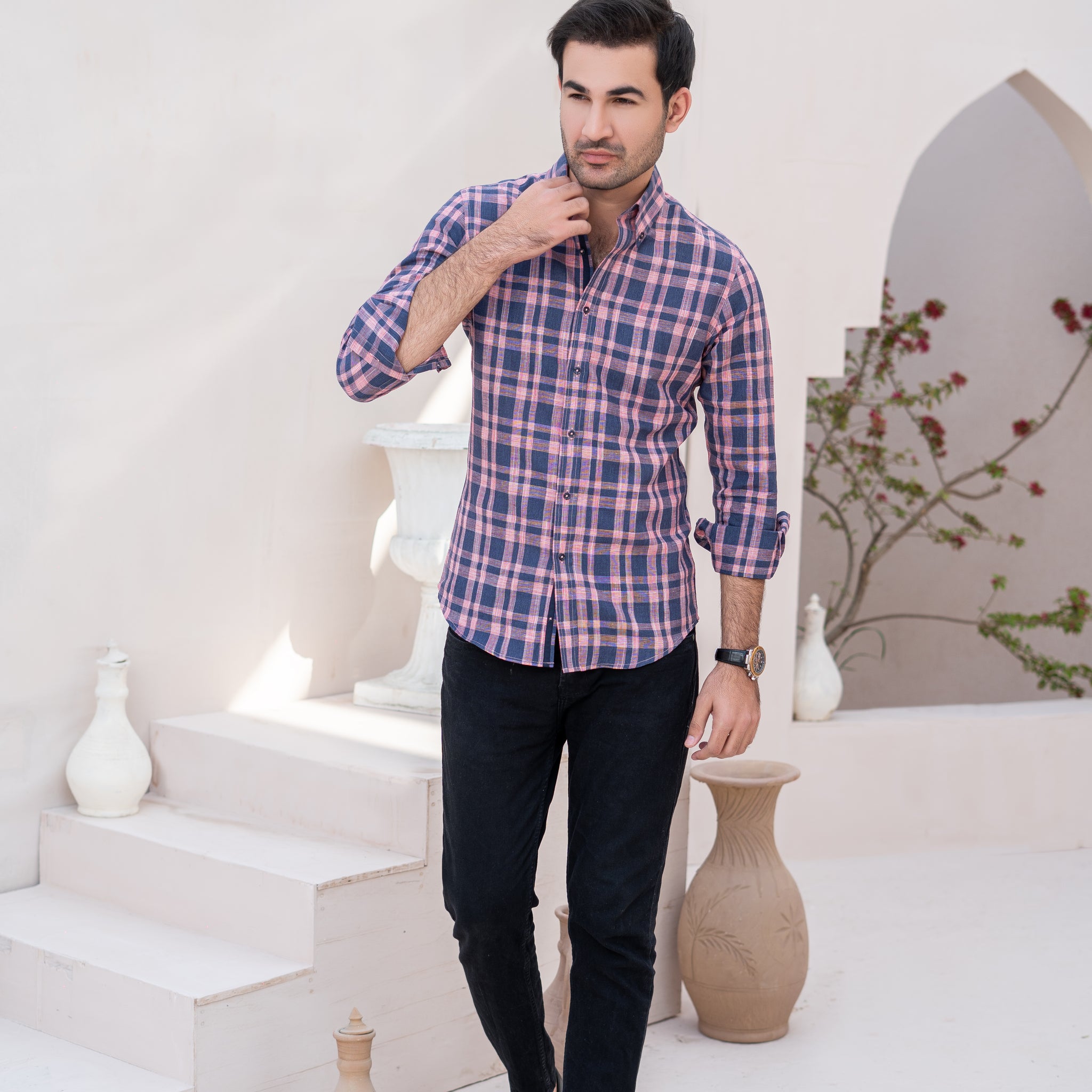 Pink & Navy Check Linen Shirt with Button-Down Collar