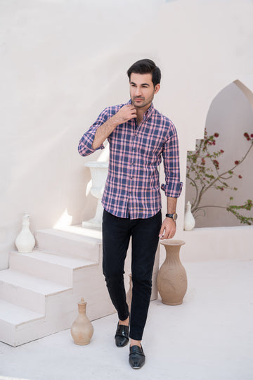 Pink & Navy Check Linen Shirt with Button-Down Collar