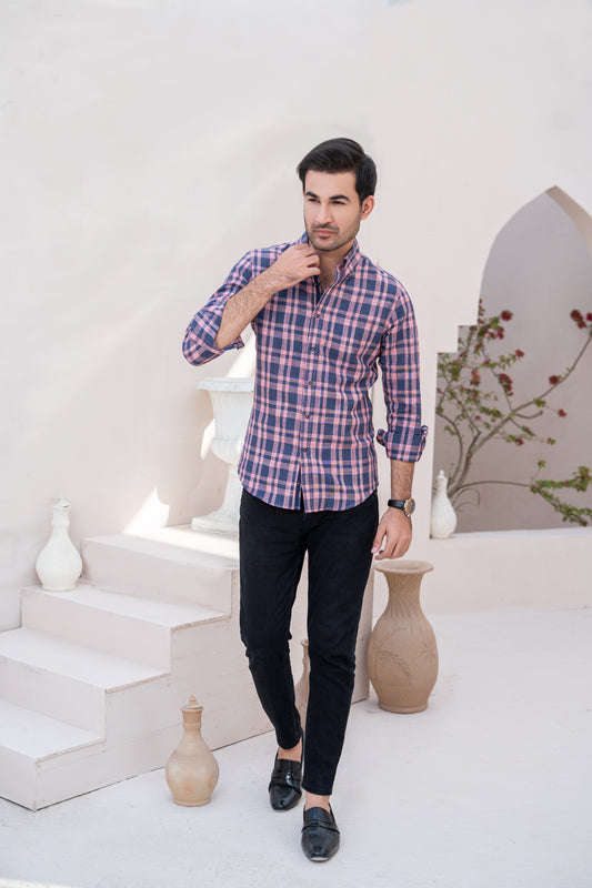 Pink & Navy Check Linen Shirt with Button-Down Collar